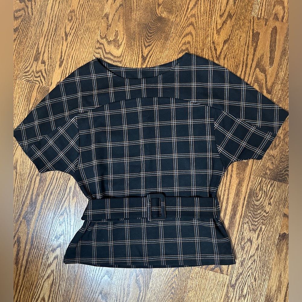 Zara Black Plaid Short-Sleeve Belted Top - Small